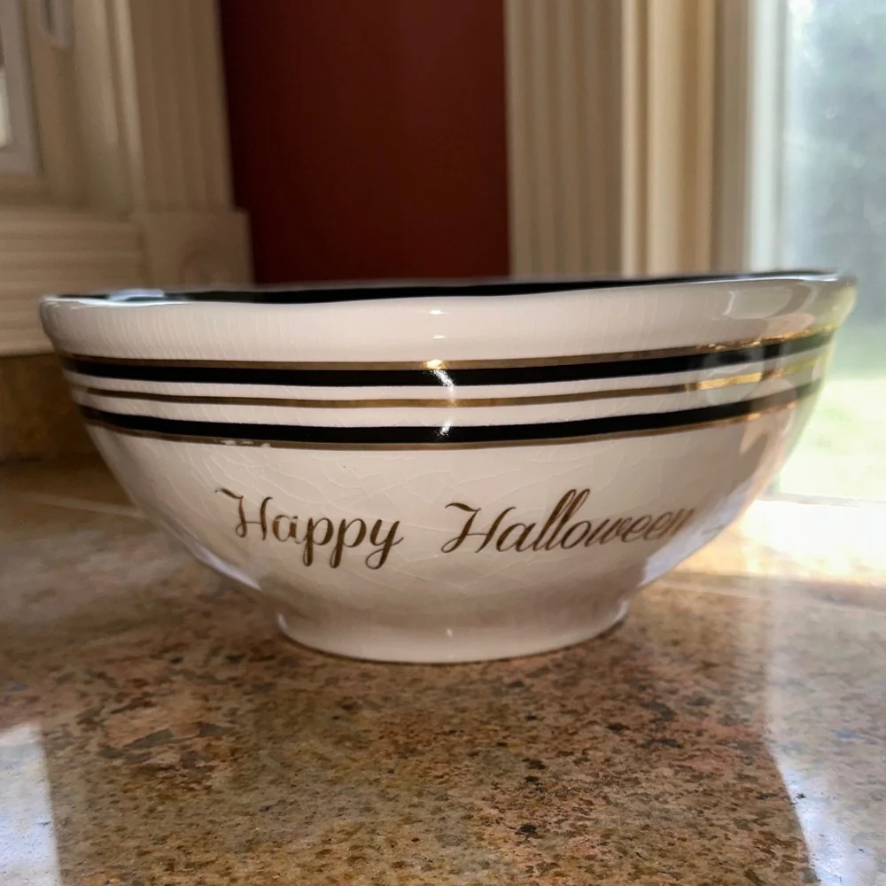 Festive Halloween Ceramic Bowl with Gold and Black Stripes